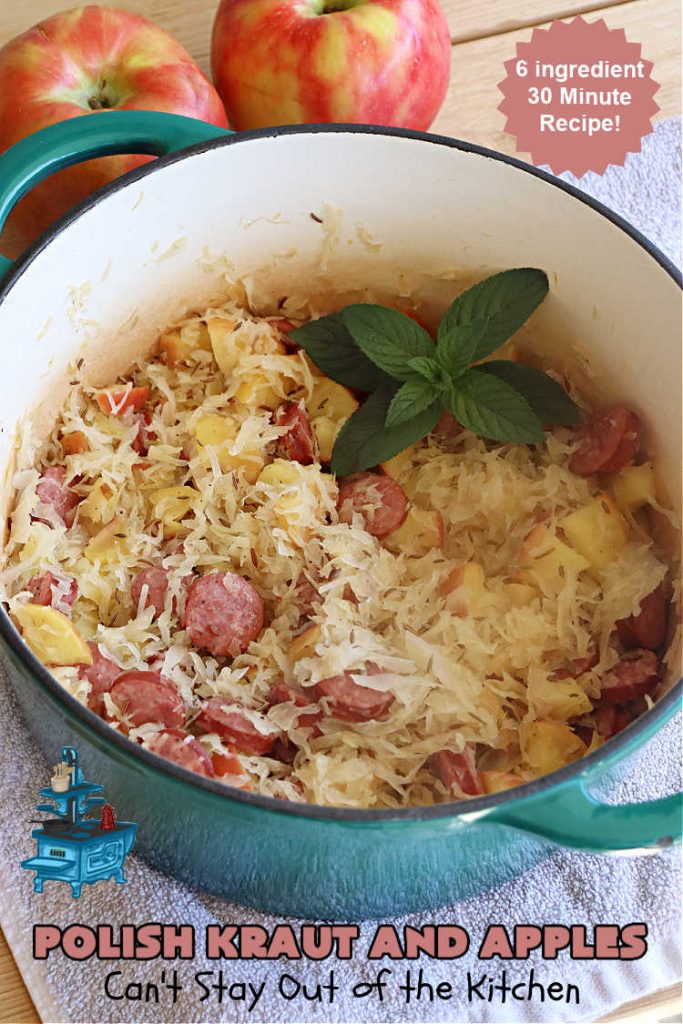 Polish Kraut and Apples | Can't Stay Out of the Kitchen | this quick & easy 6-ingredient #recipe can be whipped up in less than 30 minutes! It uses #beef #PolishSausage rather than pork, & #apples & #sauerkraut along with #CarawaySeeds. This vintage recipe is so flavorful & sumptuous it's sure to become a favorite. #Kielbasa #SmokedSausage #PolishKrautAndApples