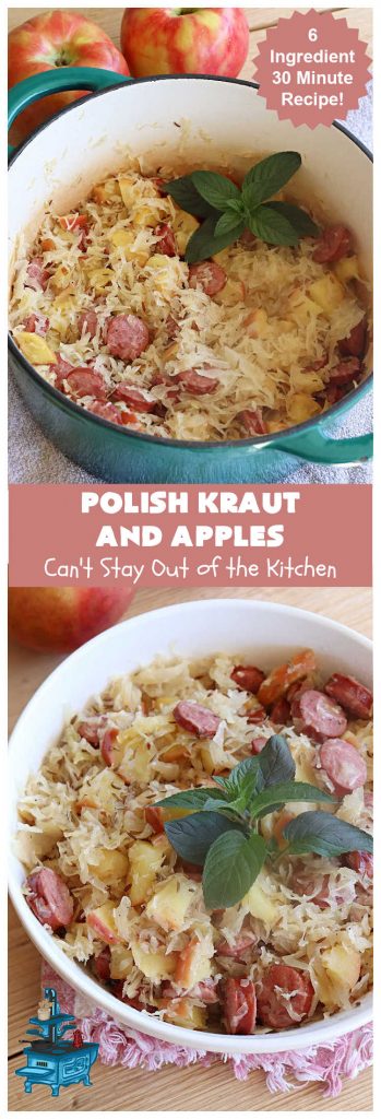 Polish Kraut and Apples | Can't Stay Out of the Kitchen | this quick & easy 6-ingredient #recipe can be whipped up in less than 30 minutes! It uses #beef #PolishSausage rather than pork, & #apples & #sauerkraut along with #CarawaySeeds. This vintage recipe is so flavorful & sumptuous it's sure to become a favorite. #Kielbasa #SmokedSausage #PolishKrautAndApples