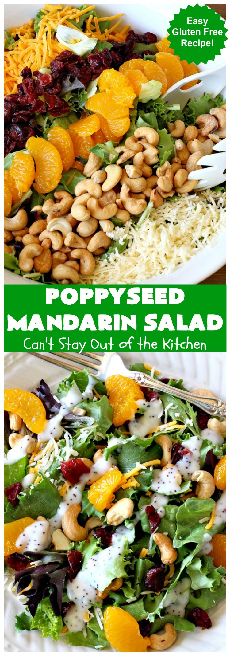Poppyseed Mandarin Salad | Can't Stay Out of the Kitchen | this quick & easy #salad uses only 7 ingredients including the #SaladDressing. The contrasting savory & sweet flavors are delightful. Great for weeknight dinners. #GlutenFree #MandarinOranges #cashews #CheddarCheese #SwissCheese #cranberries #PoppyseedMandarinSalad