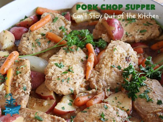 Pork Chop Supper | Can't Stay Out of the Kitchen | this is a fantastic #OneDishMeal #recipe where everything cooks together in the same skillet. #RedPotatoes, #carrots & #SmotheredPorkChops come together in a deliciously seasoned #SkilletDinner that's quick & easy. This meal-in-one can be prepared in under an hour making it a great option for busy week-night suppers. #PorkChopSupper