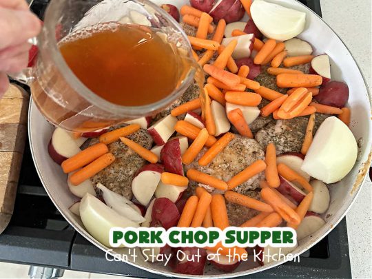 Pork Chop Supper | Can't Stay Out of the Kitchen | this is a fantastic #OneDishMeal #recipe where everything cooks together in the same skillet. #RedPotatoes, #carrots & #SmotheredPorkChops come together in a deliciously seasoned #SkilletDinner that's quick & easy. This meal-in-one can be prepared in under an hour making it a great option for busy week-night suppers. #PorkChopSupper