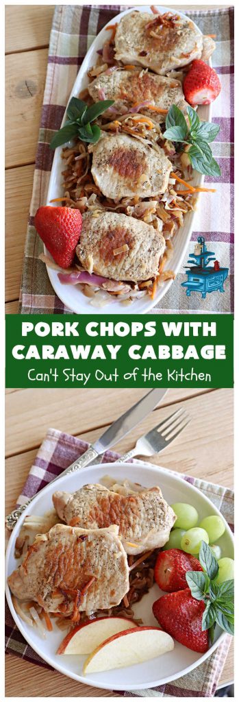 Pork Chops with Caraway Cabbage | Can't Stay Out of the Kitchen | this tasty & delicious #MainDish includes #PorkChops with wonderfully flavored tri-colored #cabbage. It's a great #pork dish to whip up when you're short on time since it's really easy to toss together. #GlutenFree #PorkChopsWithCarawayCabbage