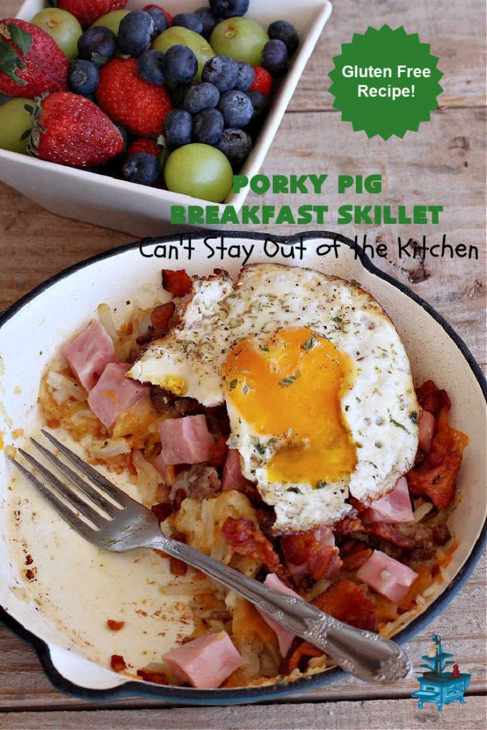Porky Pig Breakfast Skillet | Can't Stay Out of the Kitchen | this hearty and amazing #BreakfastSkillet includes #eggs, "HashBrowns, two kinds of #cheese, #ham, #sausage & #bacon. It's absolutely the most mouthwatering #skillet #breakfast ever! If you enjoy hearty breakfasts, this one is amazing. #pork #SkilletBreakfast #PorkyPigBreakfastSkillet #Holiday #HolidayBreakfast