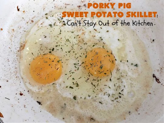 Porky Pig Sweet Potato Skillet | Can't Stay Out of the Kitchen | this amazing #BreakfastSkillet includes #SweetPotatoes, #bacon, #sausage, #ham, eggs and both #MontereyJack & #CheddarCheese. It makes for one really hearty #breakfast for weekends, company or #holidays. #brunch #pork #HolidayBreakfast #PorkyPigSweetPotatoSkillet #SkilletBreakfast