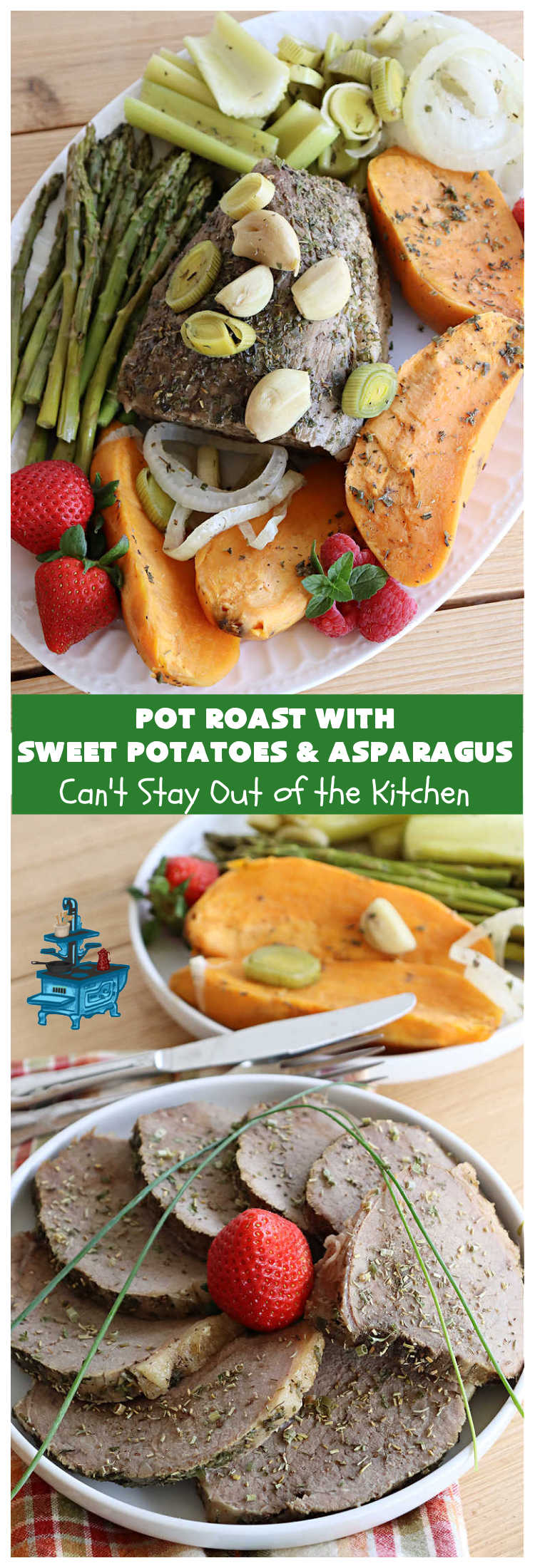 Pot Roast with Sweet Potatoes & Asparagus | Can't Stay Out of the Kitchen | This easy #SlowCooker #recipe is the perfect way to enjoy #PotRoast without the excess calories of gravy! It includes #SweetPotatoes & #asparagus & is seasoned perfectly for #MeatAndPotato lovers. #beef #GlutenFree #PotRoastWithSweetPotatoesAndAsparagus