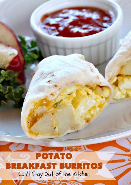 Potato Breakfast Burritos | Can't Stay Out of the Kitchen | these #BreakfastBurritos are heavenly! Warm #tortillas are filled with seasoned #FriedPotatoes, #eggs & #CheddarCheese. They are so mouthwatering, hearty, filling & totally satisfying for #breakfast or #MeatlessMondays. These can be made up ahead then microwaved when you're on the way out the door! #potatoes #burritos #TexMex #TexMexBreakfastBurritos #Holiday #PotatoBreakfastBurritos #HolidayBreakfast
