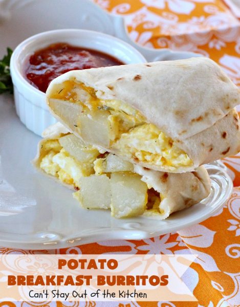 Potato Breakfast Burritos | Can't Stay Out of the Kitchen | these #BreakfastBurritos are heavenly! Warm #tortillas are filled with seasoned #FriedPotatoes, #eggs & #CheddarCheese. They are so mouthwatering, hearty, filling & totally satisfying for #breakfast or #MeatlessMondays. These can be made up ahead then microwaved when you're on the way out the door! #potatoes #burritos #TexMex #TexMexBreakfastBurritos #Holiday #PotatoBreakfastBurritos #HolidayBreakfast