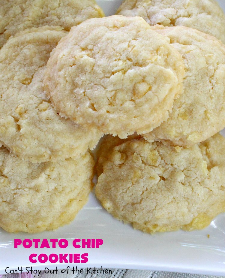 Potato Chip Cookies | Can't Stay Out of the Kitchen | these amazing 5-ingredient #cookies are divine! We make them every year at #Christmas time and everyone loves them. All are amazed that they have #PotatoChips in the batter! Mouthwatering & so delicious. #holiday #HolidayBaking #HolidayDessert #ChristmasCookieExchange #dessert #PotatoChipCookies