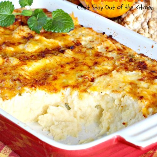 Potatoes Romanoff | Can't Stay Out of the Kitchen | this easy #MashedPotatoes #casserole is made a day before cooking it, making it perfect for #holidays like #Thanksgiving or #Christmas since you can make it ahead. It's one of our favorite ways to serve #potatoes. #glutenfree #cheddarcheese