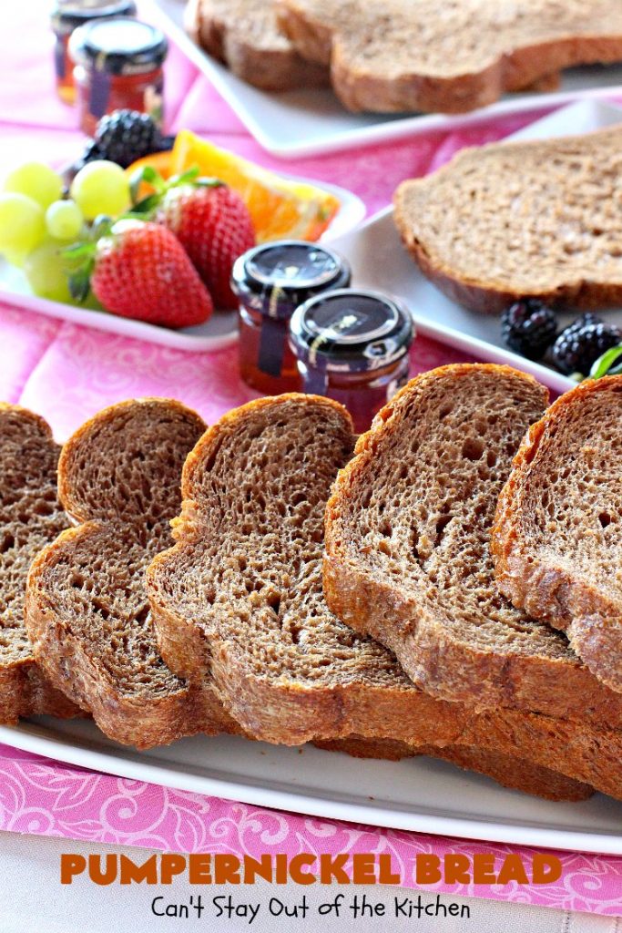 Pumpernickel Bread | Can't Stay Out of the Kitchen | This delicious home-baked #bread is so easy since it's made in the #breadmaker. #Pumpernickel is a #SourdoughBread made with #RyeFlour. It's excellent as a dinner bread with any entree. We like to serve it for #breakfast with Apple Butter or jelly. #HomeMadeBread #HomeBakedBread #PumpernickelBread