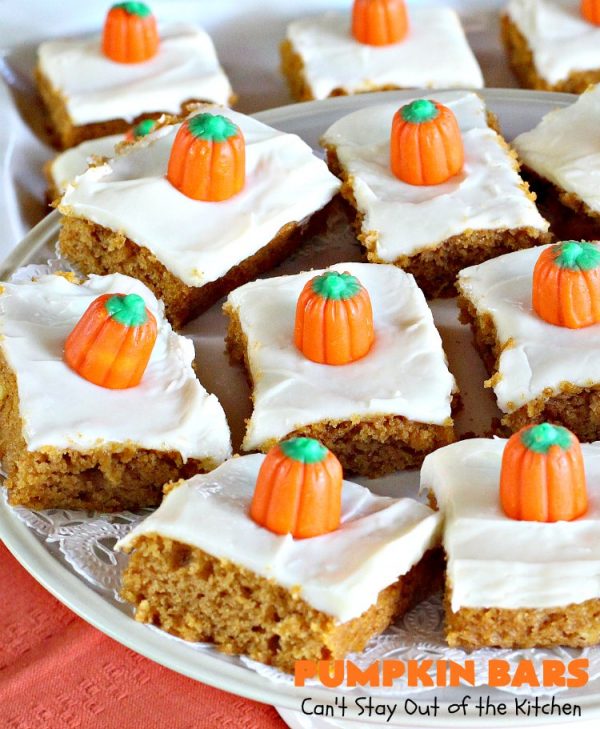 Pumpkin Bars | Can't Stay Out of the Kitchen | sensational #dessert for #fall #baking. The #creamcheese frosting is heavenly. #pumpkin #cookie