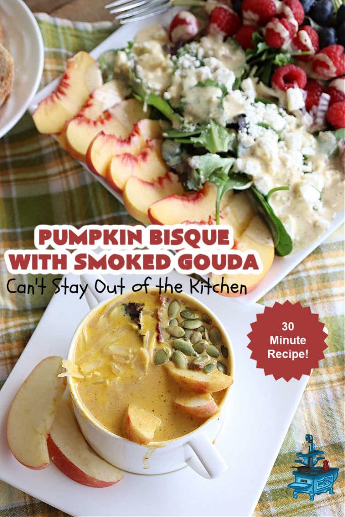 Pumpkin Bisque with Smoked Gouda | Can't Stay Out of the Kitchen | this easy 30 minute #recipe includes the savory flavors of #bacon, #GoudaCheese & #garlic & the spicy flavors of #nutmeg & #PumpkinPieSpice. This easy #soup is marvelous for weeknight suppers when you're short on time. If you have leftovers, it reheats well for lunches too. #PumpkinSoup #GlutenFree #pork #PumpkinSeeds #PumpkinBisqueWithSmokedGouda #30MinuteRecipe