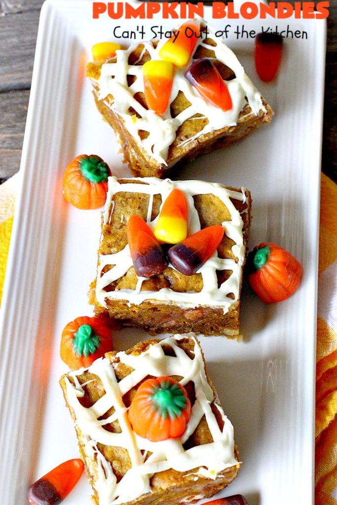 Pumpkin Blondies | Can't Stay Out of the Kitchen | these spectacular #cookies are filled with #butterscotch chips, white #chocolate chips, #pumpkin and #pecans. #CandyCorns at the top and a white chocolate glaze make them absolutely irresistible. #brownies #fall #FallBaking #holidays #dessert #ThanksgivingDessert #pumpkindessert