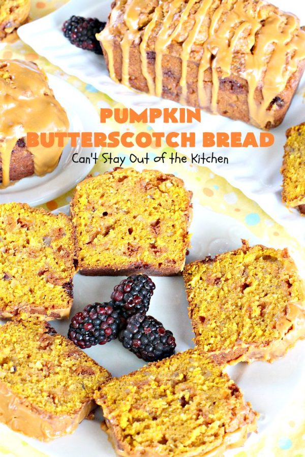 Pumpkin Butterscotch Bread | Can't Stay Out of the Kitchen | this outrageous #pumpkin #bread is filled with #butterscotch chips & has a luscious butterscotch icing. Excellent for #fall #baking or a #holiday #breakfast like #Thanksgiving.