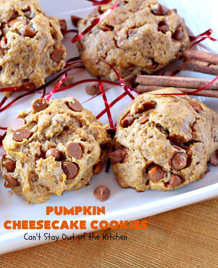 Pumpkin Cheesecake Cookies | Can't Stay Out of the Kitchen | these spectacular #cookies include #pumpkin, #CheesecakeJellO & #CinnamonChips. They have explosive flavor & are perfect for #holiday parties or a #ChristmasCookieExchange. Also great for #FallBaking. #fall #dessert #cheesecake #PumpkinDessert #PumpkinCheesecakeCookies #cinnamon