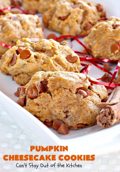Pumpkin Cheesecake Cookies | Can't Stay Out of the Kitchen | these spectacular #cookies include #pumpkin, #CheesecakeJellO & #CinnamonChips. They have explosive flavor & are perfect for #holiday parties or a #ChristmasCookieExchange. Also great for #FallBaking. #fall #dessert #cheesecake #PumpkinDessert #PumpkinCheesecakeCookies #cinnamon