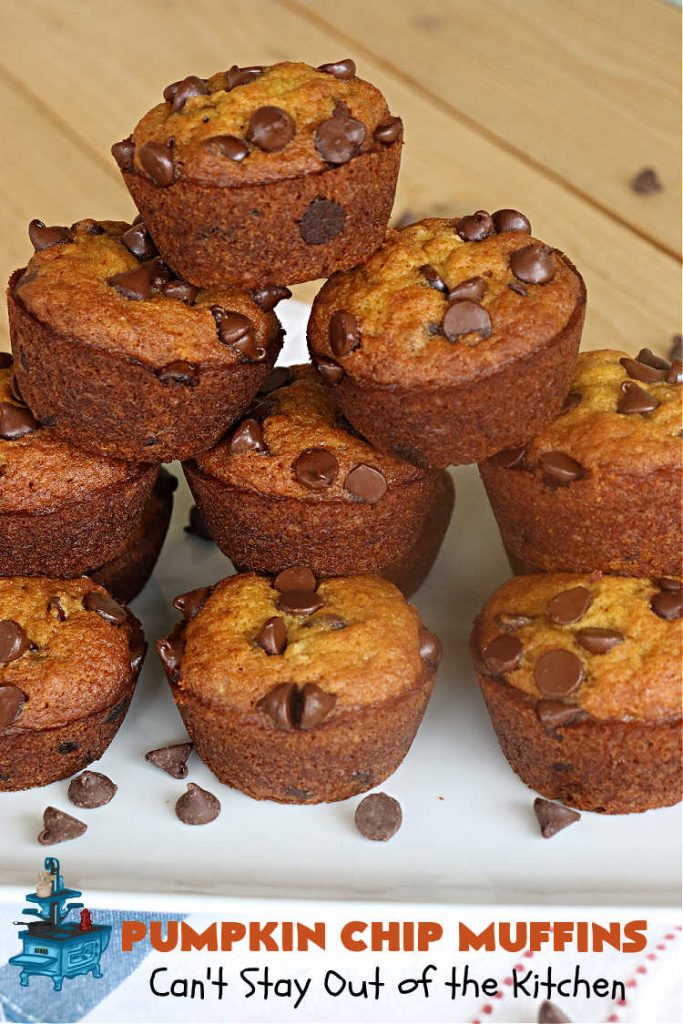 Pumpkin Chip Muffins | Can't Stay Out of the Kitchen | these glorious #PumpkinMuffins are lightly flavored with #cinnamon but are LOADED with #ChocolateChips! Every bite is so delicious you won't be able to stay out of them. Our company loved them! If you enjoy #pumpkin & #chocolate, you won't be able to stay out of them either! Great for #FallBaking, or a company or #holiday #breakfast or #brunch. #HolidayBreakfast #PumpkinChipMuffins #muffins #PumpkinChocolateChipMuffins