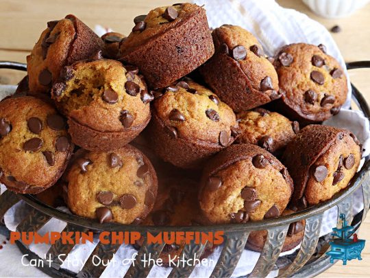 Pumpkin Chip Muffins | Can't Stay Out of the Kitchen | these glorious #PumpkinMuffins are lightly flavored with #cinnamon but are LOADED with #ChocolateChips! Every bite is so delicious you won't be able to stay out of them. Our company loved them! If you enjoy #pumpkin & #chocolate, you won't be able to stay out of them either! Great for #FallBaking, or a company or #holiday #breakfast or #brunch. #HolidayBreakfast #PumpkinChipMuffins #muffins #PumpkinChocolateChipMuffins