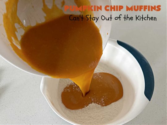 Pumpkin Chip Muffins | Can't Stay Out of the Kitchen | these glorious #PumpkinMuffins are lightly flavored with #cinnamon but are LOADED with #ChocolateChips! Every bite is so delicious you won't be able to stay out of them. Our company loved them! If you enjoy #pumpkin & #chocolate, you won't be able to stay out of them either! Great for #FallBaking, or a company or #holiday #breakfast or #brunch. #HolidayBreakfast #PumpkinChipMuffins #muffins #PumpkinChocolateChipMuffins