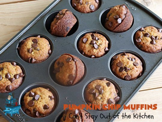 Pumpkin Chip Muffins | Can't Stay Out of the Kitchen | these glorious #PumpkinMuffins are lightly flavored with #cinnamon but are LOADED with #ChocolateChips! Every bite is so delicious you won't be able to stay out of them. Our company loved them! If you enjoy #pumpkin & #chocolate, you won't be able to stay out of them either! Great for #FallBaking, or a company or #holiday #breakfast or #brunch. #HolidayBreakfast #PumpkinChipMuffins #muffins #PumpkinChocolateChipMuffins