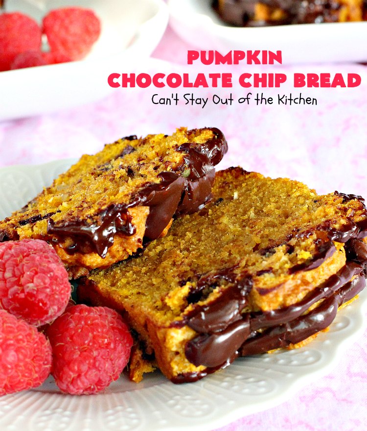 Pumpkin Chocolate Chip Bread | Can't Stay Out of the Kitchen | this awesome & decadent #pumpkin #bread is filled with #chocolate chips & then glazed with chocolate icing. Great #breakfast idea for #holidays like #Thanksgiving. 
