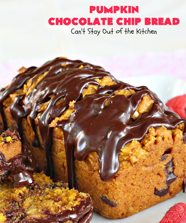 Pumpkin Chocolate Chip Bread | Can't Stay Out of the Kitchen | this awesome & decadent #pumpkin #bread is filled with #chocolate chips & then glazed with chocolate icing. Great #breakfast idea for #holidays like #Thanksgiving.