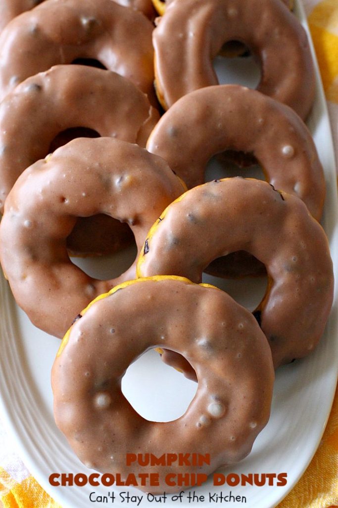 Pumpkin Chocolate Chip Donuts | Can't Stay Out of the Kitchen | these phenomenal #donuts are so mouthwatering. They have double the #chocolate & double the #pumpkin flavor. You'll be drooling over every mouthful. Highly recommended for #MothersDay or #FathersDay #Breakfast. #Holiday #HolidayBreakfast #PumpkinDonuts #ChocolateChipDonuts #fall #FallBaking #PumpkinChocolateChipDonuts #ChocolateChips