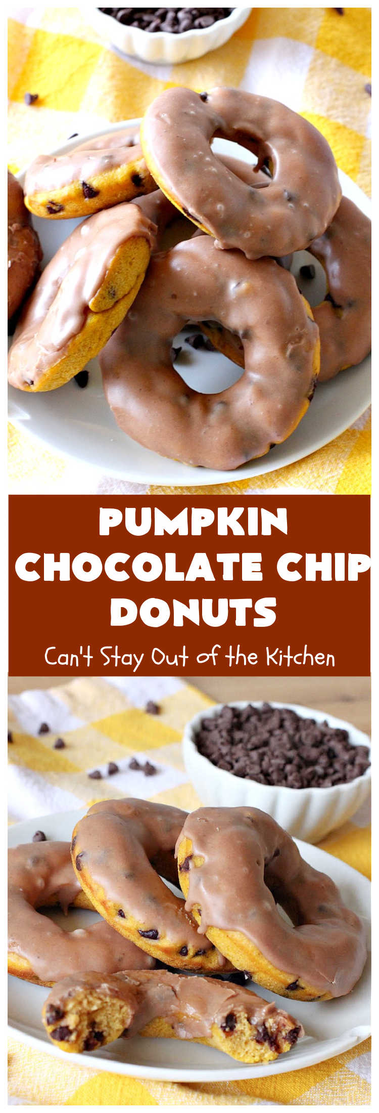 Pumpkin Chocolate Chip Donuts | Can't Stay Out of the Kitchen | these phenomenal #donuts are so mouthwatering. They have double the #chocolate & double the #pumpkin flavor. You'll be drooling over every mouthful. Highly recommended for #Thanksgiving or #Christmas #Breakfast. #Holiday #HolidayBreakfast #PumpkinDonuts #ChocolateChipDonuts #fall #FallBaking #PumpkinChocolateChipDonuts #ChocolateChips