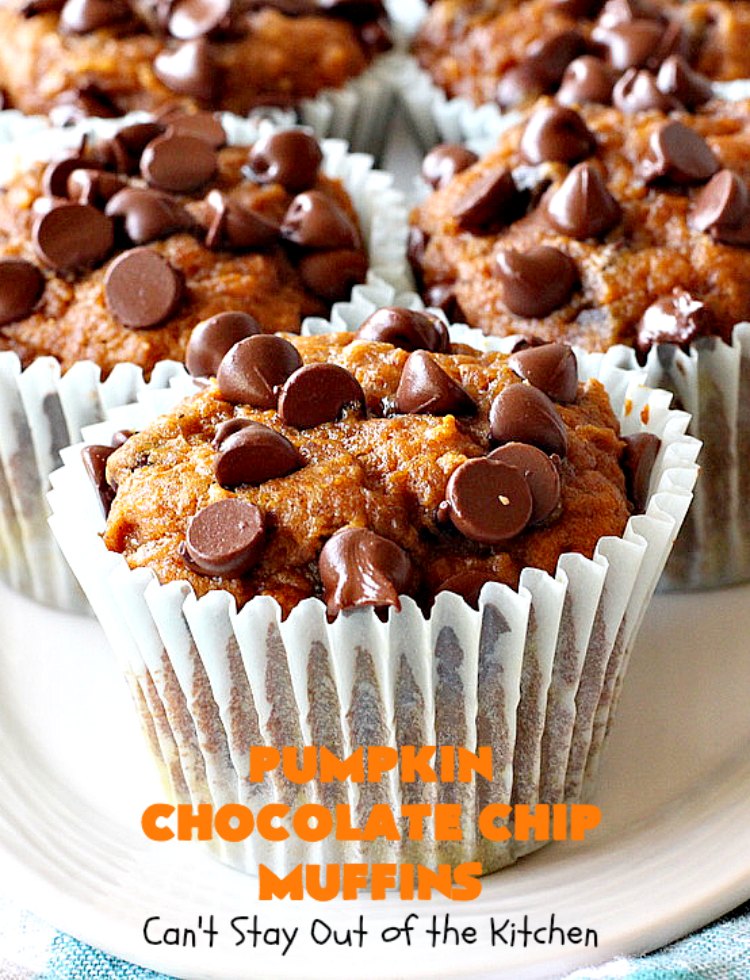 Pumpkin Chocolate Chip Muffins | Can't Stay Out of the Kitchen | these heavenly #pumpkin #muffins will knock your socks off! They're filled with #chocolate chips & delicately seasoned with #cinnamon, cloves & nutmeg. They're perfect for a #holiday or company  #breakfast. They're also terrific any time you want a chocolate fix! #ThanksgivingBreakfast #FallBaking #Fall #ChristmasBreakfast
