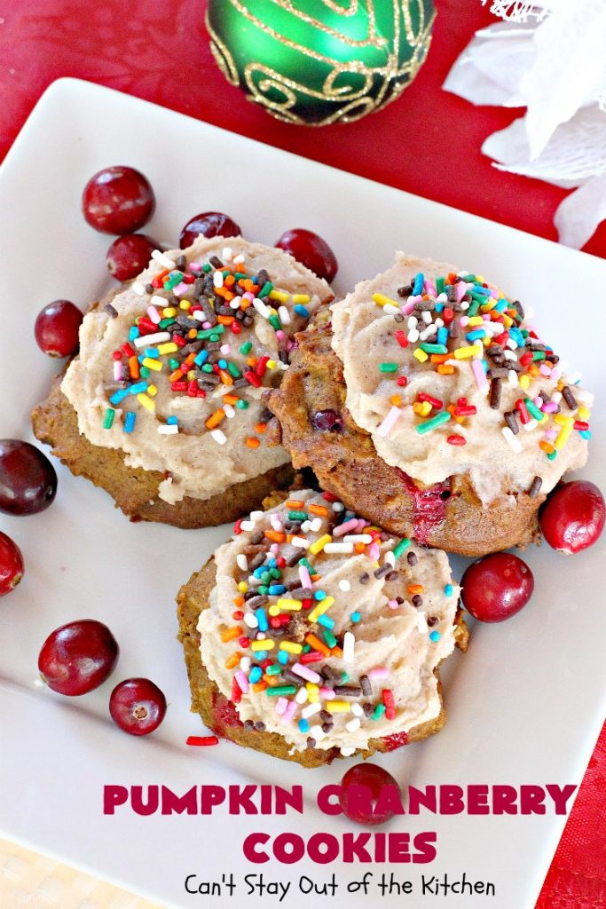 Pumpkin Cranberry Cookies | Can't Stay Out of the Kitchen | these favorite #Christmas #cookies use #pumpkin, fresh #cranberries & have a #cinnamon frosting on top with #sprinkles! Terrific #dessert for #fall baking.