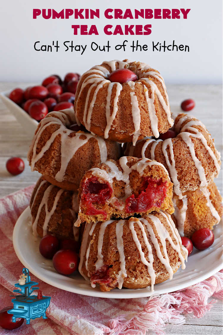 Pumpkin Cranberry Tea Cakes | Can't Stay Out of the Kitchen | these luscious #TeaCakes contain both #pumpkin & #cranberries. Plus, they're iced with a luscious #cinnamon frosting. They're marvelous for #holiday or #Christmas #baking & parties. Prepare to swoon after just one bite! #dessert #cake #HolidayDessert #PumpkinDessert #CranberryDessert #PumpkinCranberryTeaCakes