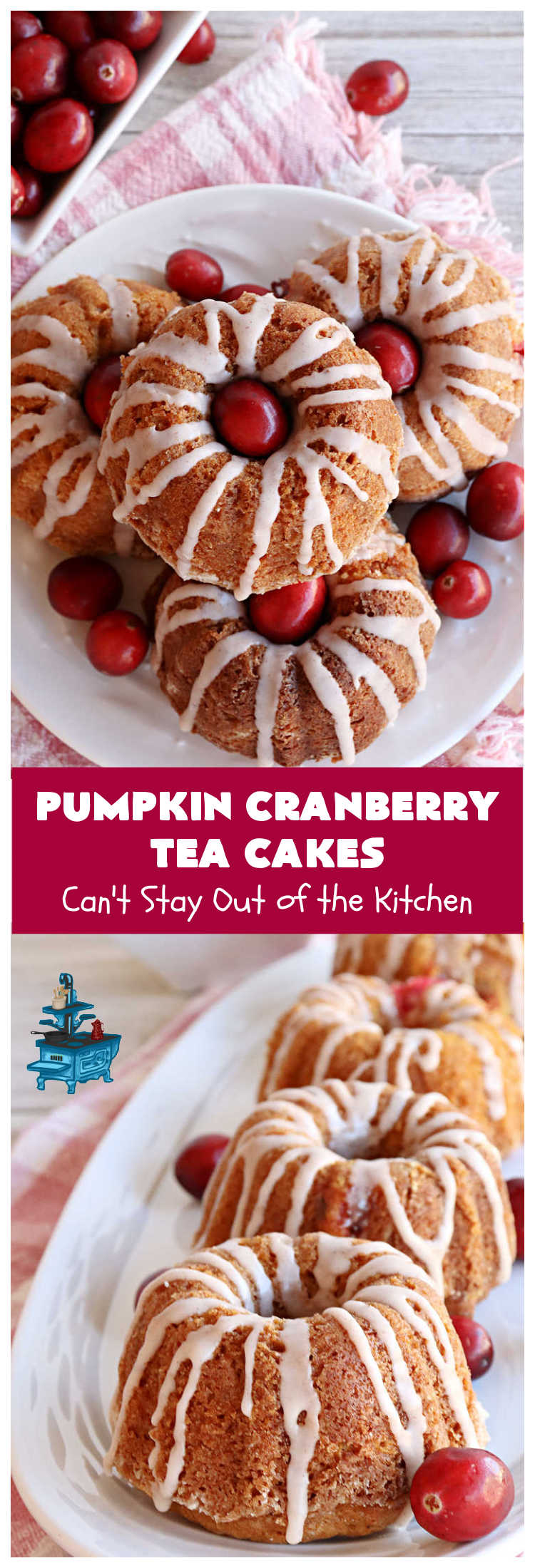 Pumpkin Cranberry Tea Cakes | Can't Stay Out of the Kitchen | these luscious #TeaCakes contain both #pumpkin & #cranberries. Plus, they're iced with a luscious #cinnamon frosting. They're marvelous for #holiday or #Christmas #baking & parties. Prepare to swoon after just one bite! #dessert #cake #HolidayDessert #PumpkinDessert #CranberryDessert #PumpkinCranberryTeaCakes