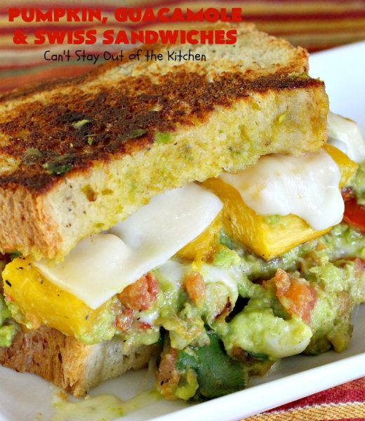 Pumpkin, Guacamole and Swiss Sandwiches | Can't Stay Out of the Kitchen | these yummy #sandwiches are made with either roasted #pumpkin or #ButternutSquash, homemade #guacamole & #SwissCheese. They are absolutely mouthwatering & so delicious you'll find yourself wanting one all the time! #Fall #RoastedPumpkin #PumpkinGuacamoleAndSwissSandwiches #MeatlessMonday
