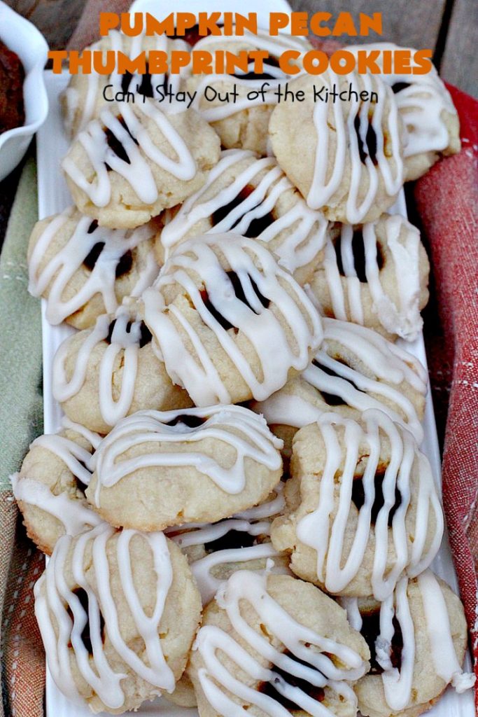 Pumpkin Pecan Thumbprint Cookies | Can't Stay Out of the Kitchen | these delectable #cookies use a #pumpkin #pecan butter then they're glazed with a vanilla icing. They're wonderful for #holiday or #Christmas parties or #ChristmasCookieExchanges. #ChristmasCookie #WilliamsSonoma #PecanPumpkinButter #MuirheadPecanPumpkinButter #cookies #ThumbprintCookies #dessert #Fall #FallBaking #HolidayDessert #ChristmasDessert