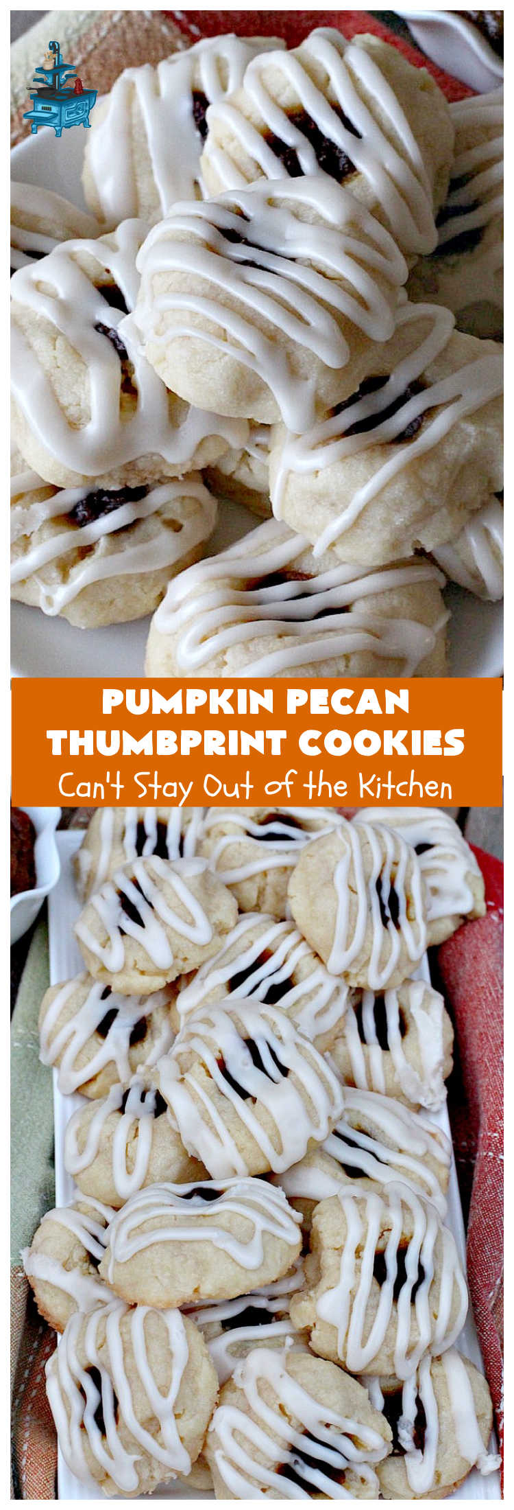 Pumpkin Pecan Thumbprint Cookies | Can't Stay Out of the Kitchen | these delectable #cookies use a #pumpkin #pecan butter then they're glazed with a vanilla icing. They're wonderful for #holiday or #Christmas parties or #ChristmasCookieExchanges. #ChristmasCookie #WilliamsSonoma #PecanPumpkinButter #MuirheadPecanPumpkinButter #cookies #ThumbprintCookies #dessert #Fall #FallBaking #HolidayDessert #ChristmasDessert