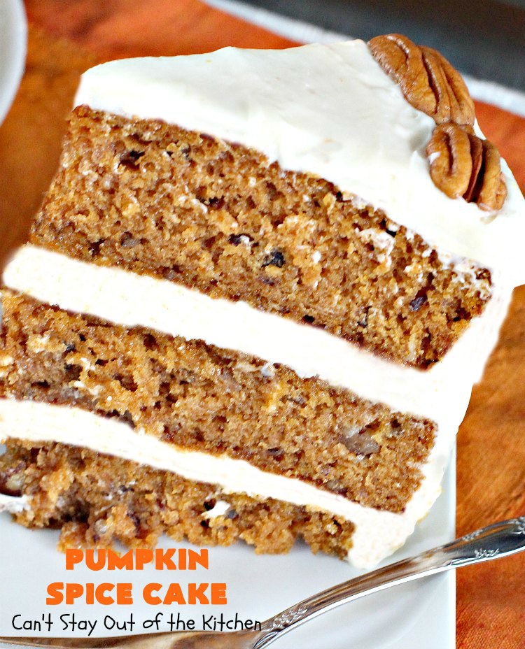 Pumpkin Spice Cake | Can't Stay Out of the Kitchen | this awesome #cake is filled with #pumpkin, spices & #pecans & topped with a heavenly #creamcheese frosting. #dessert