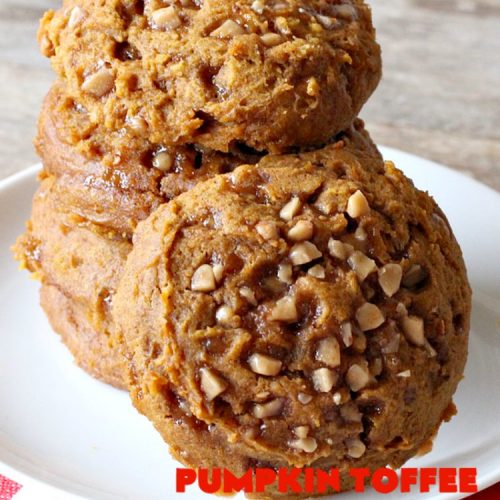 Pumpkin Toffee Cookies | Can't Stay Out of the Kitchen | these amazing #pumpkin #cookies have #HeathEnglishToffeeBits in the batter & on top. They are absolutely heavenly. Every bite will have you drooling. #dessert #PumpkinDessert #Toffee #ToffeeDessert #Fall #FallBaking #Christmas #ChristmasDessert #ChristmasCookieExchange #Thanksgiving #ThanksgivingDessert #NewYearsDay #NewYearsDayDessert #Tailgating