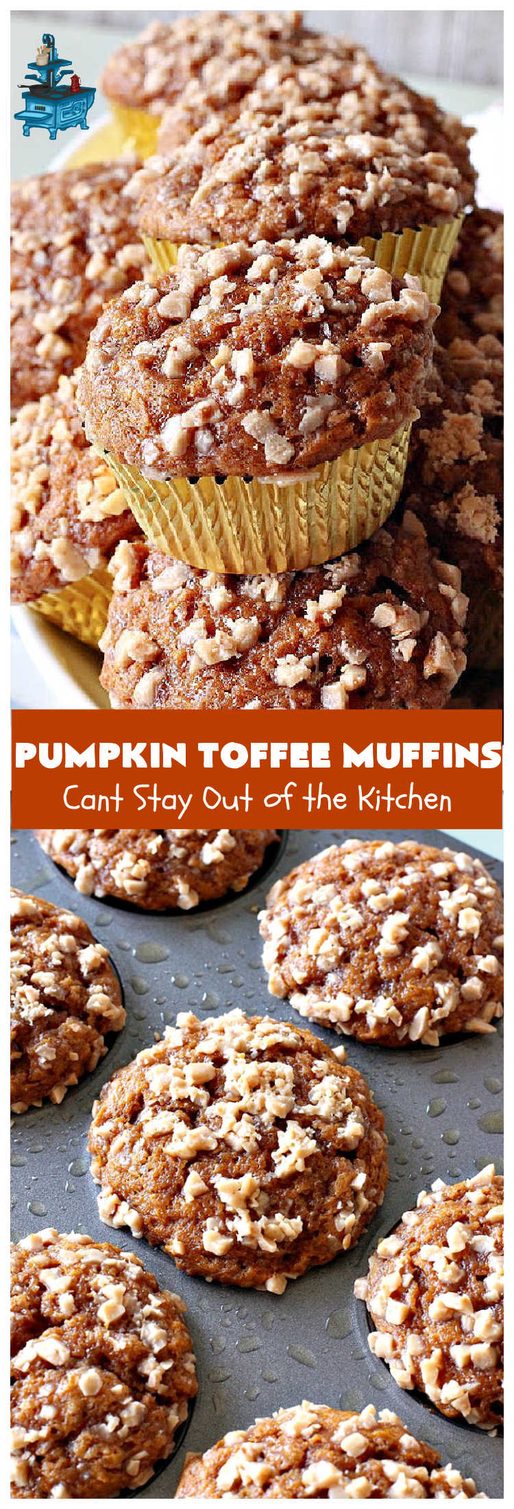 Pumpkin Toffee Muffins | Can't Stay Out of the Kitchen | these spectacular #pumpkin #muffins are rich, decadent & heavenly! They include #cinnamon, cloves & mutmeg for spice & #HeathEnglishToffeeBits for amped up flavor and texture. Absolutely amazing! #breakfast #HolidayBreakfast #ChristmasBreakfast #ThanksgivingBreakfast #fall #FallBaking #NewYearsBreakfast #toffee #PumpkinMuffins