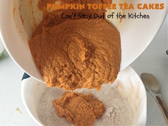 Pumpkin Toffee Tea Cakes | Can't Stay Out of the Kitchen | these spectacular #TeaCakes will wow all your family & friends. They're flavored with #pumpkin & spices & include #HeathEnglishToffeeBits. Then they're iced with #CinnamonToastCrunch icing! Amazing #holiday or #Christmas #dessert #cake #HolidayDessert #PumpkinDessert #PumpkinToffeeTeaCakes