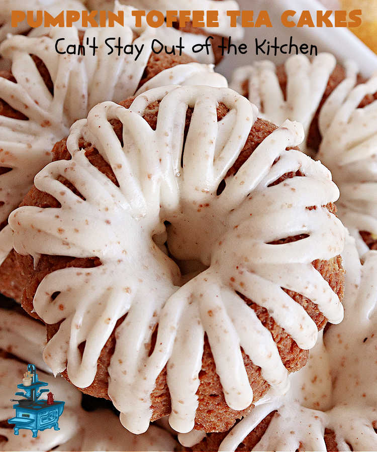Pumpkin Toffee Tea Cakes | Can't Stay Out of the Kitchen | these spectacular #TeaCakes will wow all your family & friends. They're flavored with #pumpkin & spices & include #HeathEnglishToffeeBits. Then they're iced with #CinnamonToastCrunch icing! Amazing #holiday or #Christmas #dessert #cake #HolidayDessert #PumpkinDessert #PumpkinToffeeTeaCakes