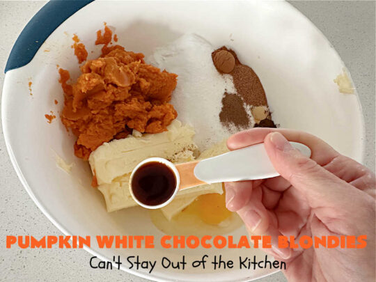 Pumpkin White Chocolate Blondies | Can't Stay Out of the Kitchen | these luscious #brownies include a #pumpkin base with #WhiteChocolateChips, #cinnamon, #nutmeg, #cloves, #ginger & #allspice. They're topped with a rich, decadent #icing on top. Perfect for #FallBaking, #tailgating, #Potlucks, #BackyardBarbecues or a #ChristmasCookieExchange. #cookies #chocolate #PumpkinWhiteChocolateBlondies