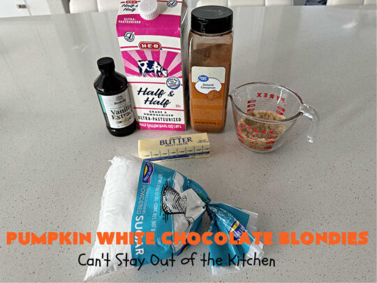 Pumpkin White Chocolate Blondies | Can't Stay Out of the Kitchen | these luscious #brownies include a #pumpkin base with #WhiteChocolateChips, #cinnamon, #nutmeg, #cloves, #ginger & #allspice. They're topped with a rich, decadent #icing on top. Perfect for #FallBaking, #tailgating, #Potlucks, #BackyardBarbecues or a #ChristmasCookieExchange. #cookies #chocolate #PumpkinWhiteChocolateBlondies