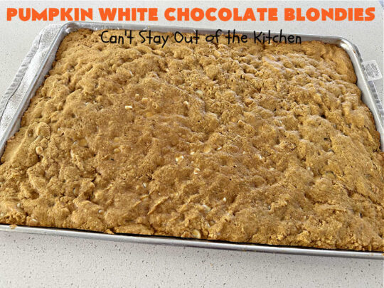 Pumpkin White Chocolate Blondies | Can't Stay Out of the Kitchen | these luscious #brownies include a #pumpkin base with #WhiteChocolateChips, #cinnamon, #nutmeg, #cloves, #ginger & #allspice. They're topped with a rich, decadent #icing on top. Perfect for #FallBaking, #tailgating, #Potlucks, #BackyardBarbecues or a #ChristmasCookieExchange. #cookies #chocolate #PumpkinWhiteChocolateBlondies