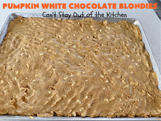 Pumpkin White Chocolate Blondies | Can't Stay Out of the Kitchen | these luscious #brownies include a #pumpkin base with #WhiteChocolateChips, #cinnamon, #nutmeg, #cloves, #ginger & #allspice. They're topped with a rich, decadent #icing on top. Perfect for #FallBaking, #tailgating, #Potlucks, #BackyardBarbecues or a #ChristmasCookieExchange. #cookies #chocolate #PumpkinWhiteChocolateBlondies
