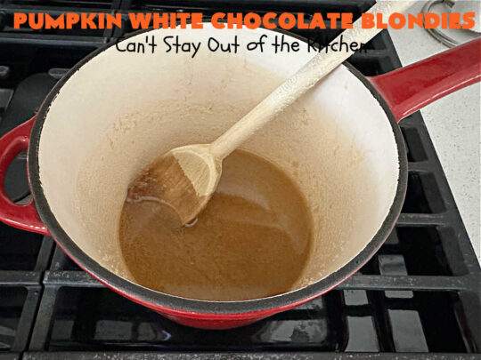 Pumpkin White Chocolate Blondies | Can't Stay Out of the Kitchen | these luscious #brownies include a #pumpkin base with #WhiteChocolateChips, #cinnamon, #nutmeg, #cloves, #ginger & #allspice. They're topped with a rich, decadent #icing on top. Perfect for #FallBaking, #tailgating, #Potlucks, #BackyardBarbecues or a #ChristmasCookieExchange. #cookies #chocolate #PumpkinWhiteChocolateBlondies