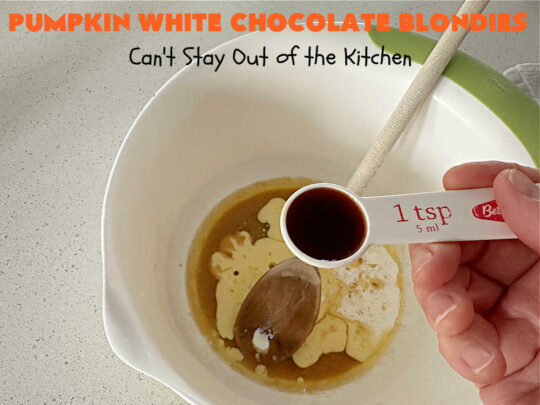 Pumpkin White Chocolate Blondies | Can't Stay Out of the Kitchen | these luscious #brownies include a #pumpkin base with #WhiteChocolateChips, #cinnamon, #nutmeg, #cloves, #ginger & #allspice. They're topped with a rich, decadent #icing on top. Perfect for #FallBaking, #tailgating, #Potlucks, #BackyardBarbecues or a #ChristmasCookieExchange. #cookies #chocolate #PumpkinWhiteChocolateBlondies