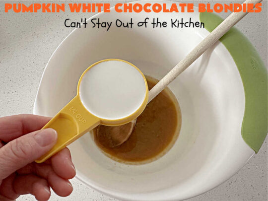 Pumpkin White Chocolate Blondies | Can't Stay Out of the Kitchen | these luscious #brownies include a #pumpkin base with #WhiteChocolateChips, #cinnamon, #nutmeg, #cloves, #ginger & #allspice. They're topped with a rich, decadent #icing on top. Perfect for #FallBaking, #tailgating, #Potlucks, #BackyardBarbecues or a #ChristmasCookieExchange. #cookies #chocolate #PumpkinWhiteChocolateBlondies