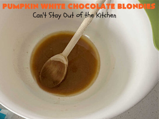 Pumpkin White Chocolate Blondies | Can't Stay Out of the Kitchen | these luscious #brownies include a #pumpkin base with #WhiteChocolateChips, #cinnamon, #nutmeg, #cloves, #ginger & #allspice. They're topped with a rich, decadent #icing on top. Perfect for #FallBaking, #tailgating, #Potlucks, #BackyardBarbecues or a #ChristmasCookieExchange. #cookies #chocolate #PumpkinWhiteChocolateBlondies