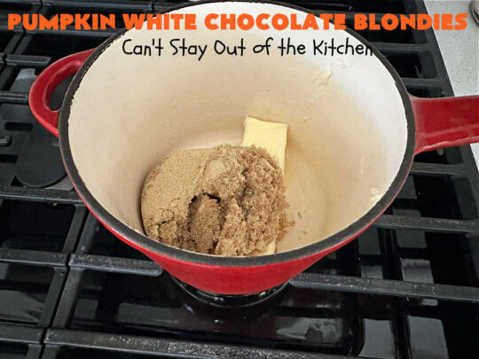 Pumpkin White Chocolate Blondies | Can't Stay Out of the Kitchen | these luscious #brownies include a #pumpkin base with #WhiteChocolateChips, #cinnamon, #nutmeg, #cloves, #ginger & #allspice. They're topped with a rich, decadent #icing on top. Perfect for #FallBaking, #tailgating, #Potlucks, #BackyardBarbecues or a #ChristmasCookieExchange. #cookies #chocolate #PumpkinWhiteChocolateBlondies