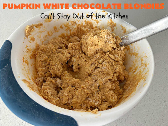 Pumpkin White Chocolate Blondies | Can't Stay Out of the Kitchen | these luscious #brownies include a #pumpkin base with #WhiteChocolateChips, #cinnamon, #nutmeg, #cloves, #ginger & #allspice. They're topped with a rich, decadent #icing on top. Perfect for #FallBaking, #tailgating, #Potlucks, #BackyardBarbecues or a #ChristmasCookieExchange. #cookies #chocolate #PumpkinWhiteChocolateBlondies